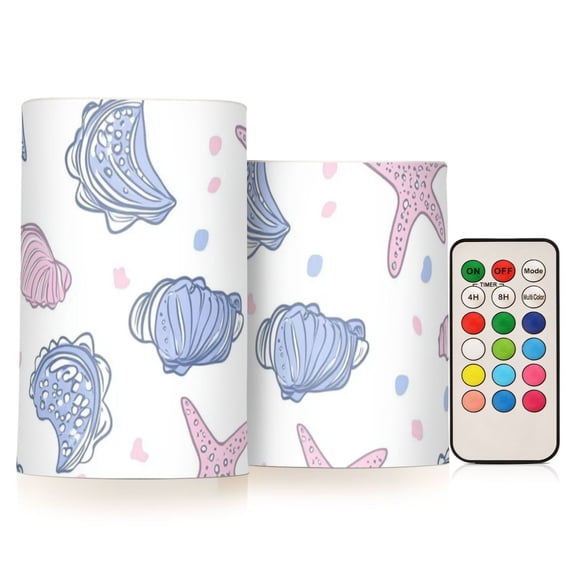 Pink Blue Seashells Flickering Flameless Candles LED Tealight Battery Operated with Remote Set of 2 Holiday Decor Ornaments