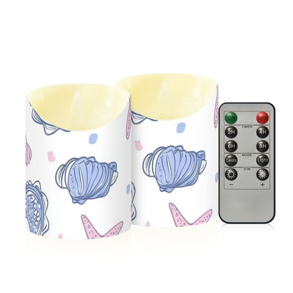 Pink Blue Seashells Flickering Flameless Candles with Remote Timer Battery Operated LED Tealight Set of 2 S