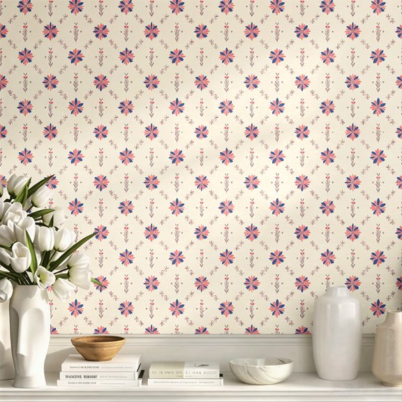 Pink Blue Small Floral Stick Wallpaper Boho Vintage Rustic Art Print Wall Art Wall Decor Exquisite Elegant Wall Decoration for Bedroom Living Room Dorm Room Apartment Home Decor