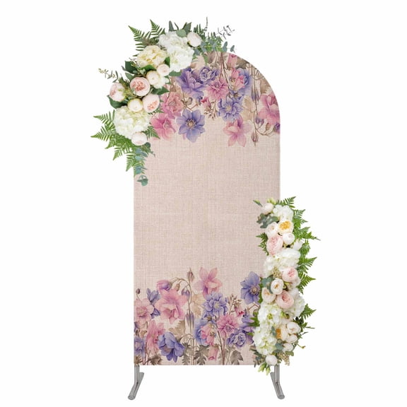 Pink Blue Spring Floral Arch Backdrop Cover, Spandex Fitted Wedding Arch Cover, Rustic Summer Flower Botanical Round Top Stand Covers for Birthday Ceremony Bridal Shower Party Decor 4x1.65 Ft