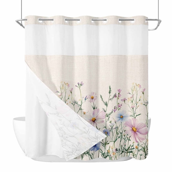Pink Blue Spring Floral No Hook Shower Curtain Waterproof,Bathroom Curtains with Snap in Liners and See Through Top Window,Watercolor Elegant Botanical Rustic Hotel Bathtub Curtains Shower 72"Wx72"L