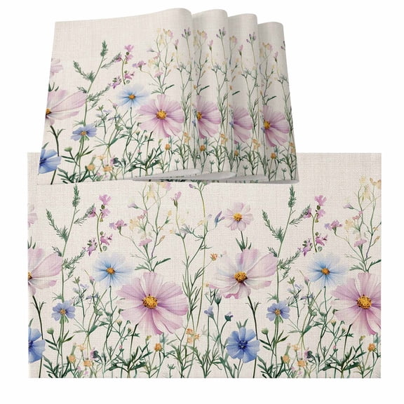 Pink Blue Spring Floral Placemats for Dinning Table Set of 4,Watercolor Elegant Botanical Rustic Burlap Kitchen Place Mats Waterproof Cloth Table Mats,Indoor Outdoor Placemats Easy Clean Dinner Decor