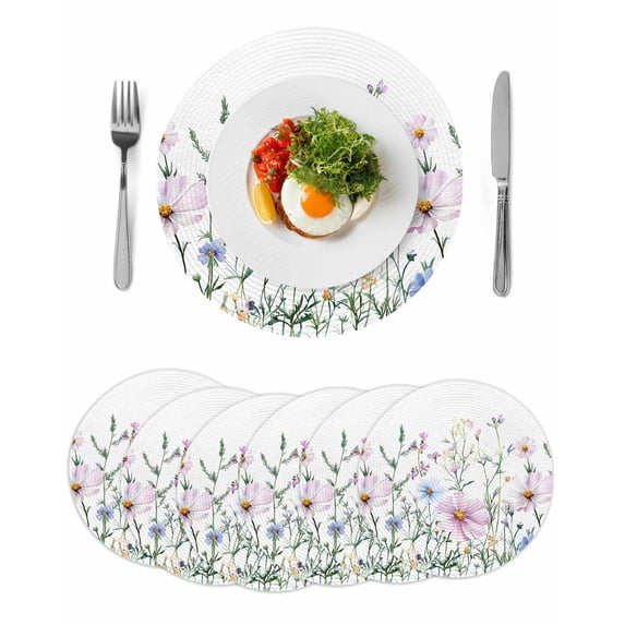 Pink Blue Spring Floral Round Placemats Set of 6 for Dinning Tables,Heat-proof Braided Table Mats 15 Inch,Watercolor Elegant Botanical Washable Place Mat for Kitchen Restaurant Party Table Decor
