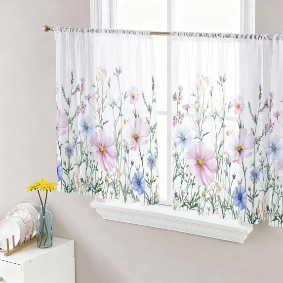 Pink Blue Spring Floral Semi Sheer Curtains 54 Inch Length 2 Panels Set, Watercolor Elegant Botanical Sheer Kitchen Curtain Privacy Voile Window Curtain for Living Room Bedroom Rod Pocket Drapes