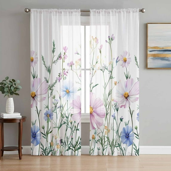 Pink Blue Spring Floral Semi Sheer Curtains 84 Inch Length 2 Panels Set, Watercolor Elegant Botanical Sheer Kitchen Curtain Privacy Voile Window Curtain for Living Room Bedroom Rod Pocket Drapes