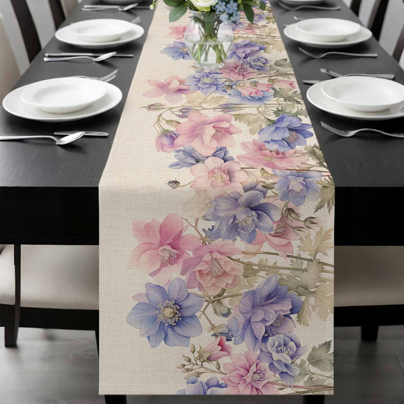 Pink Blue Spring Floral Table Runner 120 Inches Long, Rustic Summer Flower Botanical Kitchen Coffee Dining Table Decoration for Home Party Birthday Wedding Home Decor 13x120 Inches