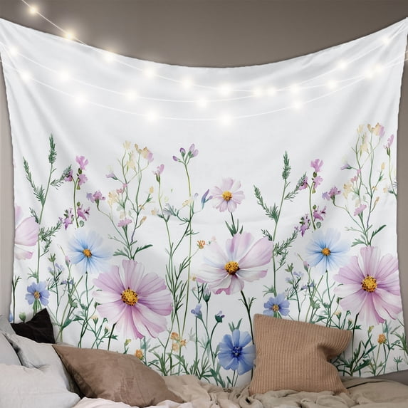 Pink Blue Spring Floral Tapestry for Bedroom Wall Hanging Tapestry, Watercolor Elegant Botanical Ceiling Backdrop Tapestries Poster Blanket Wall Decor for Teens Room Living Room Dorm 55" x 73"