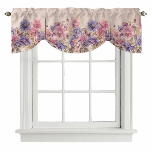Pink Blue Spring Floral Tie Up Valance Curtains for Windows, Kitchen Curtains Window Shades, Rustic Summer Flower Botanical Light Filtering Roman Curtain Valances for Bedroom/Bathroom/Cafe 42"x12"