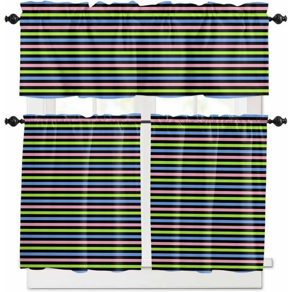 Pink Blue Stripe Kitchen Curtains, Green Black Geometric Striped Modern 3-Piece Kitchen Curtain Valance and Tiers Set 36 Inch Length, Rod Pocket Half Window Curtains for Cafe Living Room Bathroom