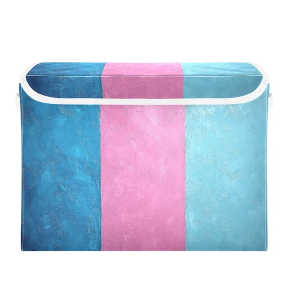 Pink Blue Stripe Large Storage Bins with Linen Collapsible Lid Storage Box 16.7 x 12.6 x 11.8in