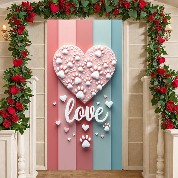 Pink Blue Striped Love Banner Heart Shaped Pet Backdrop White Paw Prints Romantic Valentine Background for Valentine's Day Anniversary Romantic Date