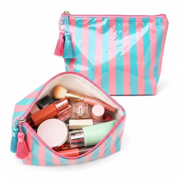 Pink Blue Striped Makeup Bag, Water Resistant Cosmetic Pouch with Zipper, Travel Toiletry Organizer