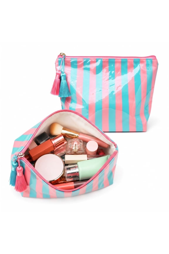 Pink Blue Striped Makeup Bag, Water Resistant Cosmetic Pouch with Zipper, Travel Toiletry Organizer