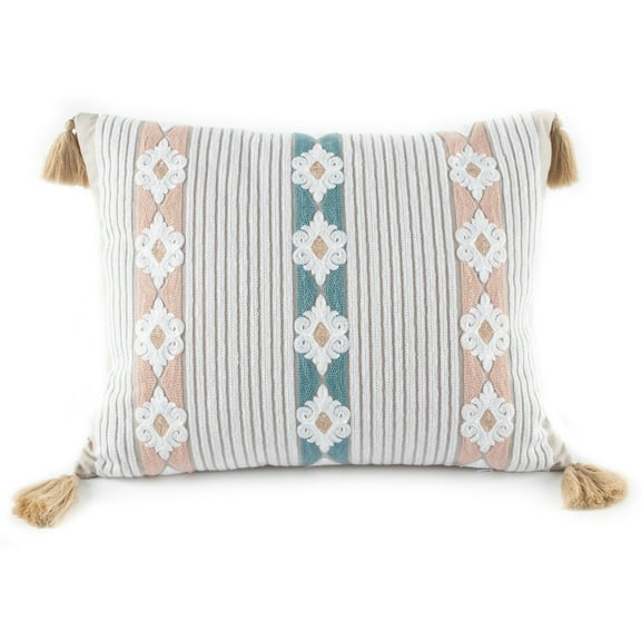 Pink, Blue, Tan and Cream Striped Embroidered Pillow With Corner Tassels