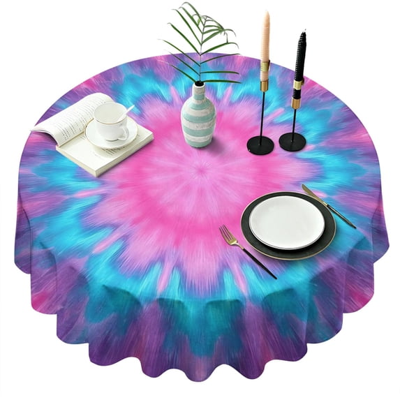 Pink Blue Tie Dye Flower Pattern Round Tablecloth 60"x60",Wrinkle Wipeable Table Cloth for Kitchen Dining Room Picnic Patio Party