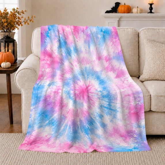 Pink Blue Tie Dye Spiral Center, Cheerful Retro Style for Tie Dye Fans, Bright Swirl Pattern and Friendship Gift, Soft Flannel Blanket for Bedroom and Dorm, Home Decor