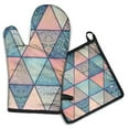 thumbnail image 1 of Pink and Blue Triangular Floral Boho Pattern Kitchen Oven Mitt and Pot Holder Sets 2 Pcs for Baking, Cooking and Grilling, Heat Resistant Up To 392 °F, 1 of 7