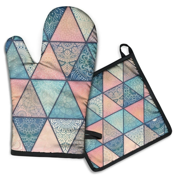 Pink and Blue Triangular Floral Boho Pattern Kitchen Oven Mitt and Pot Holder Sets 2 Pcs for Baking, Cooking and Grilling, Heat Resistant Up To 392 °F