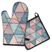 Pink and Blue Triangular Floral Boho Pattern Kitchen Oven Mitt and Pot Holder Sets 2 Pcs for Baking, Cooking and Grilling, Heat Resistant Up To 392 °F