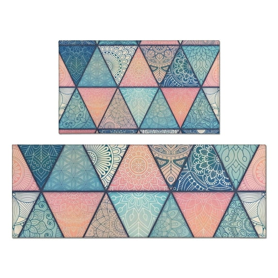 Pink and Blue Triangular Floral Boho Pattern Kitchen Rugs Sets Of 2,Anti Fatigue Kitchen Mat Rugs Non Slip Washable,Decorative Kitchen Floor Mats for Kitchen,Sink,Laundry,17"x30"+17"x47"