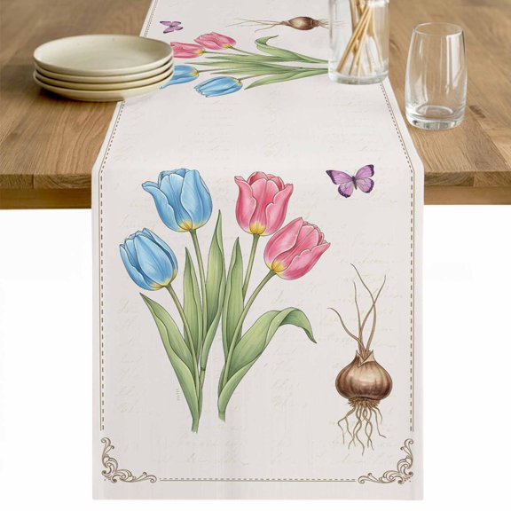 Pink Blue Tulips Table Runner - 48 Inch Long Farmhouse Spring Flowers Butterfly Cotton and Linen Blended Dress Scarves Farmhouse Table Runner for Kitchen Dining, Coffee Table, 13" x 48"