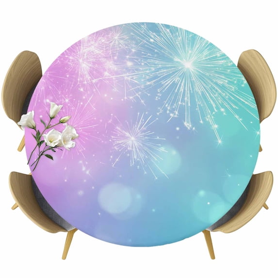 Pink Blue Turquoise Round Tablecloth, Fitted Table Cover with Elastic for 55"-60" Round Tables, Gradient Fireworks Minimalism Funny Table Cloth Outdoor Indoor Dinning Party Waterproof Tablecloths