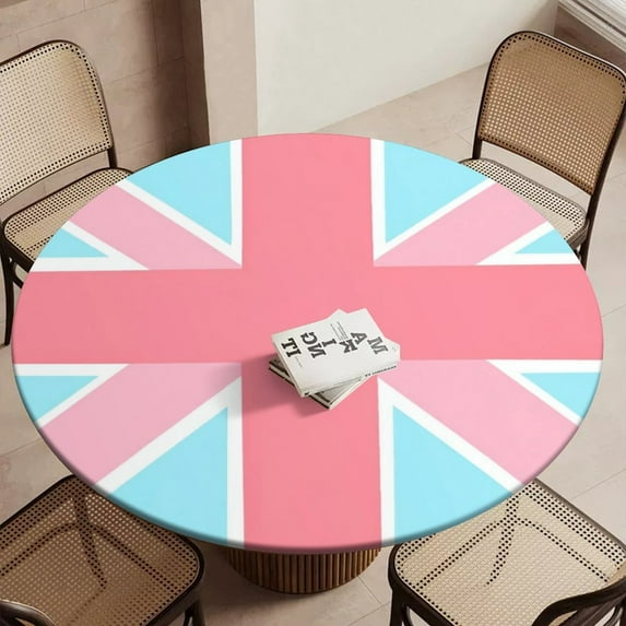 Pink And Blue Union Jack Flag Round Table Cover Kitchen Printed Waterproof Tablecloth Elastic Edged Tablecloth Fits Party Wedding Indoor Outdoor Tables