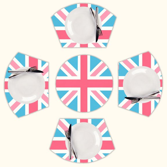 Pink and Blue Union Jack Flag Round Table Placemats Set Of 5 Wedge Table Mats Washable Heat Resistant Place Mat For Dining Table Kitchen Farmhouse Restaurant