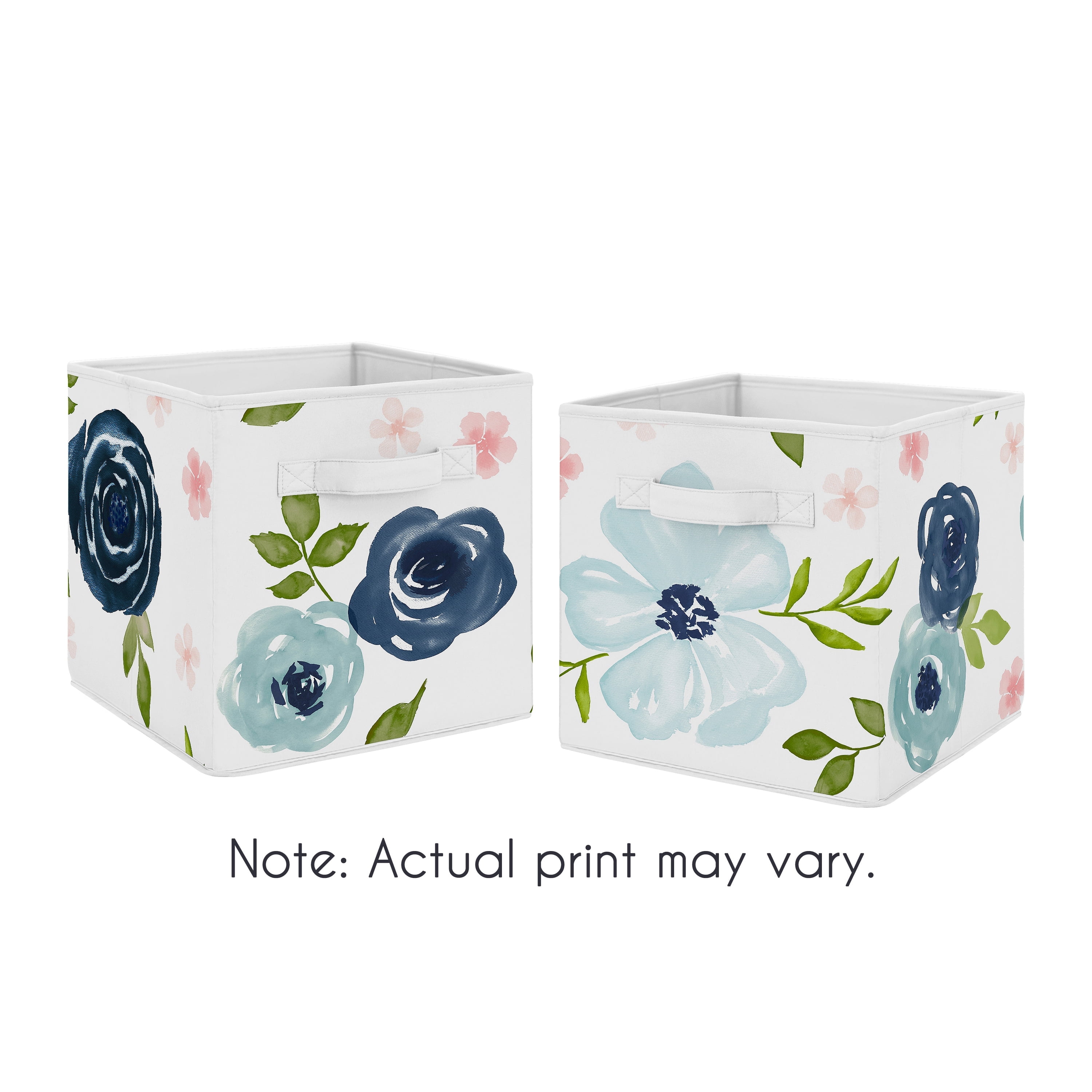 Navy Blue and Pink Watercolor Floral Fabric Storage Cube Set