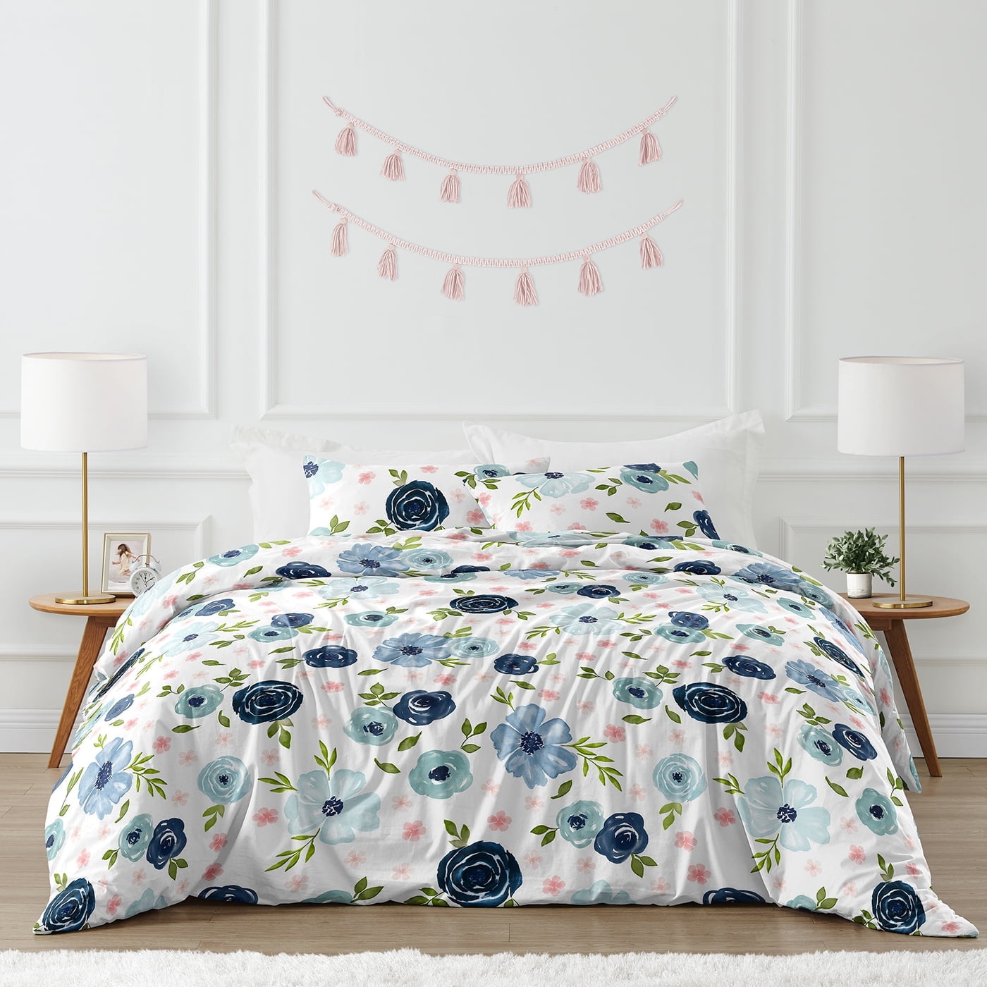 Full Blue Microfiber Floral Comforter Set for Girls