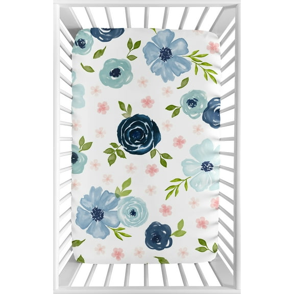 Pink Blue Watercolor Floral Mini Fitted Crib Sheet by Sweet Jojo Designs