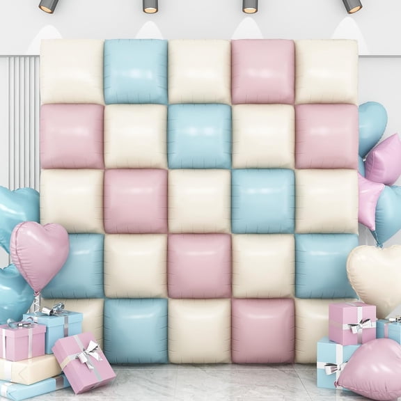 Pink Blue White Square Foil Balloon Wall,25Pcs Double Sided Foil Balloons Backdrop Helium Polyester Tunnel Arch Garland Kit for Birthday Bridal Anniversary Baby Shower Party Decorations