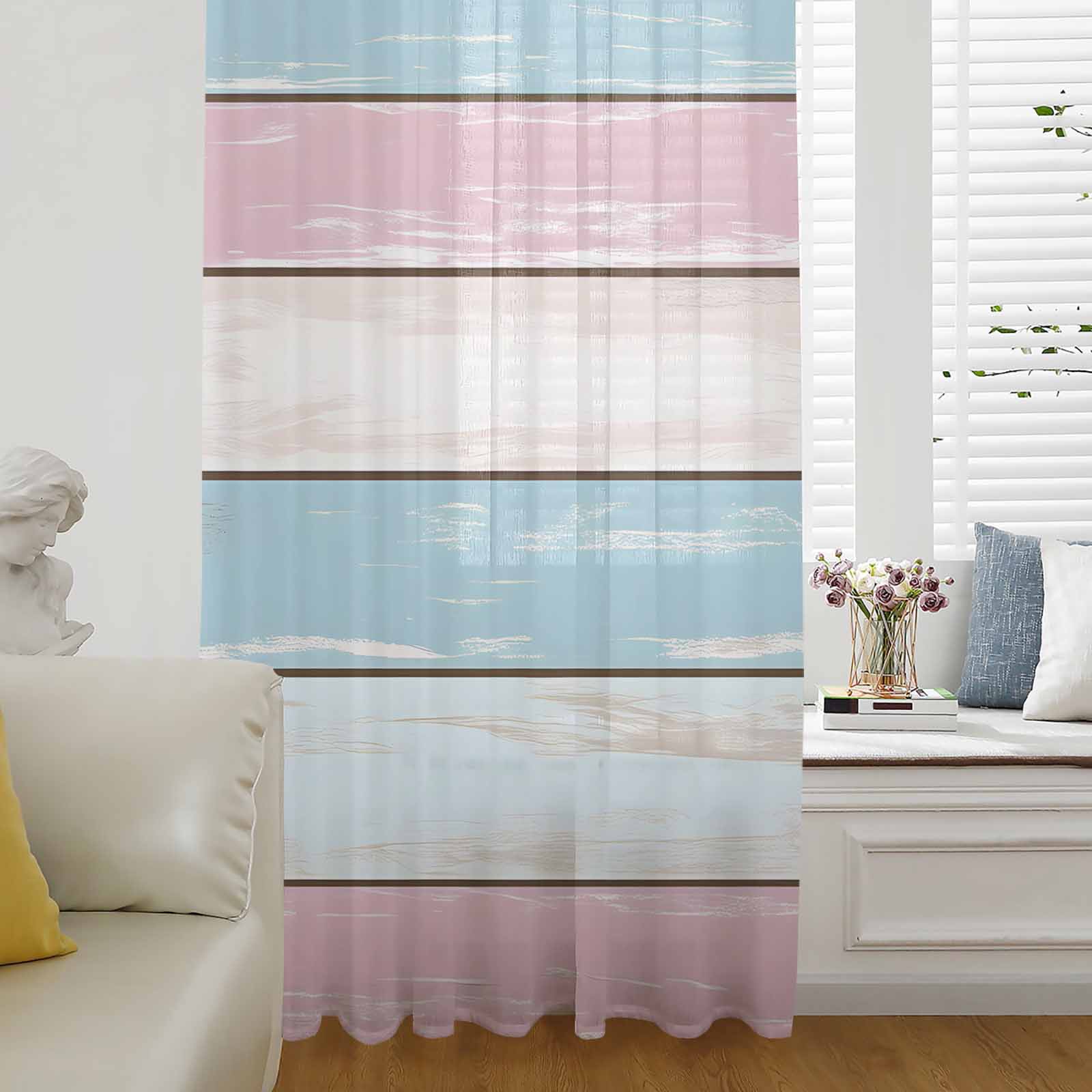 Pink Blue Window Curtain 45 Inches Long,Vintage Farmhouse Wooded Grain ...