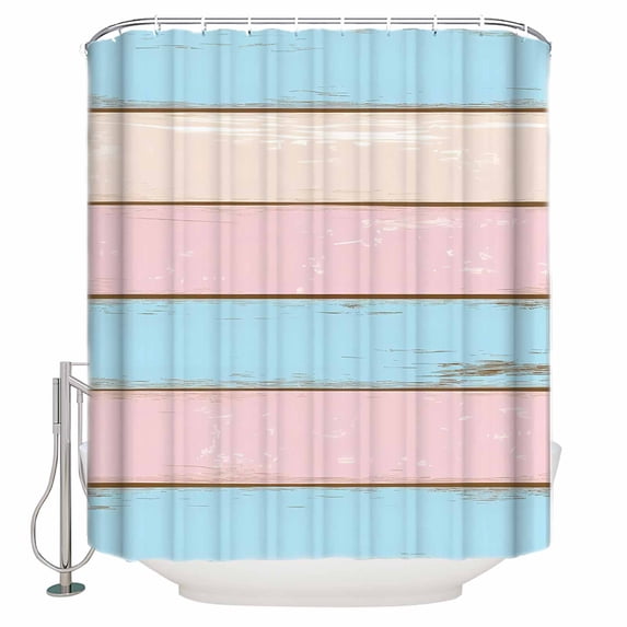 Pink Blue Wood Grain Shower Curtains for Bathroom Waterproof Fabric Bath Curtains Decor Bath Tub Curtain Farmhouse Country Shabby Striped Decorative Shower Curtain Sets with 12 Hooks, 72x72 Inch