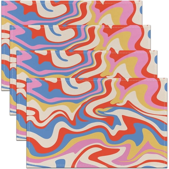 Pink Blue Yellow Beige Abstract Placemats Set of 4 18"x12" Retro Groovy Geometry Table Place Mats, for Decor Stripes Placemat for Kitchen Dining Table Decor Indoor Outdoor Modern Art