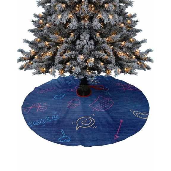 Pink Blue Yellow Christmas Tree Skirt 48 Inches Large Christmas Skirt Tree, Cartoon Pattern Denim Background Tree Skirt Christmas Decorations for Fireplace Party Holidays Indoor Outdoor
