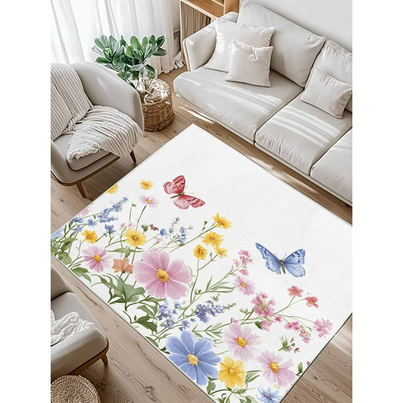 Pink Blue Yellow Floral Area Rug for Bedroom 2.7x5 Ft Butterfly Wildflower Watercolor Plant Super Soft fuzzy Throw Rug Non-Slip Fluffy Plush Indoor Floor Carpet for Living Room Nursery Home Decor
