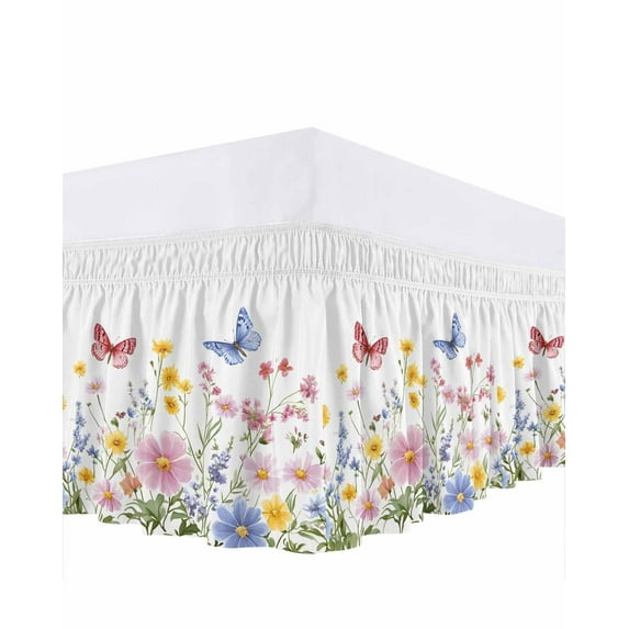 Pink Blue Yellow Floral Bed Skirt Butterfly Wildflower Watercolor Plant Bed Skirts King Size 16 Inch Drop, Wrap Around Dust Ruffle Bedskirt with Adjustable Elastic Belt for Queen Size Beds