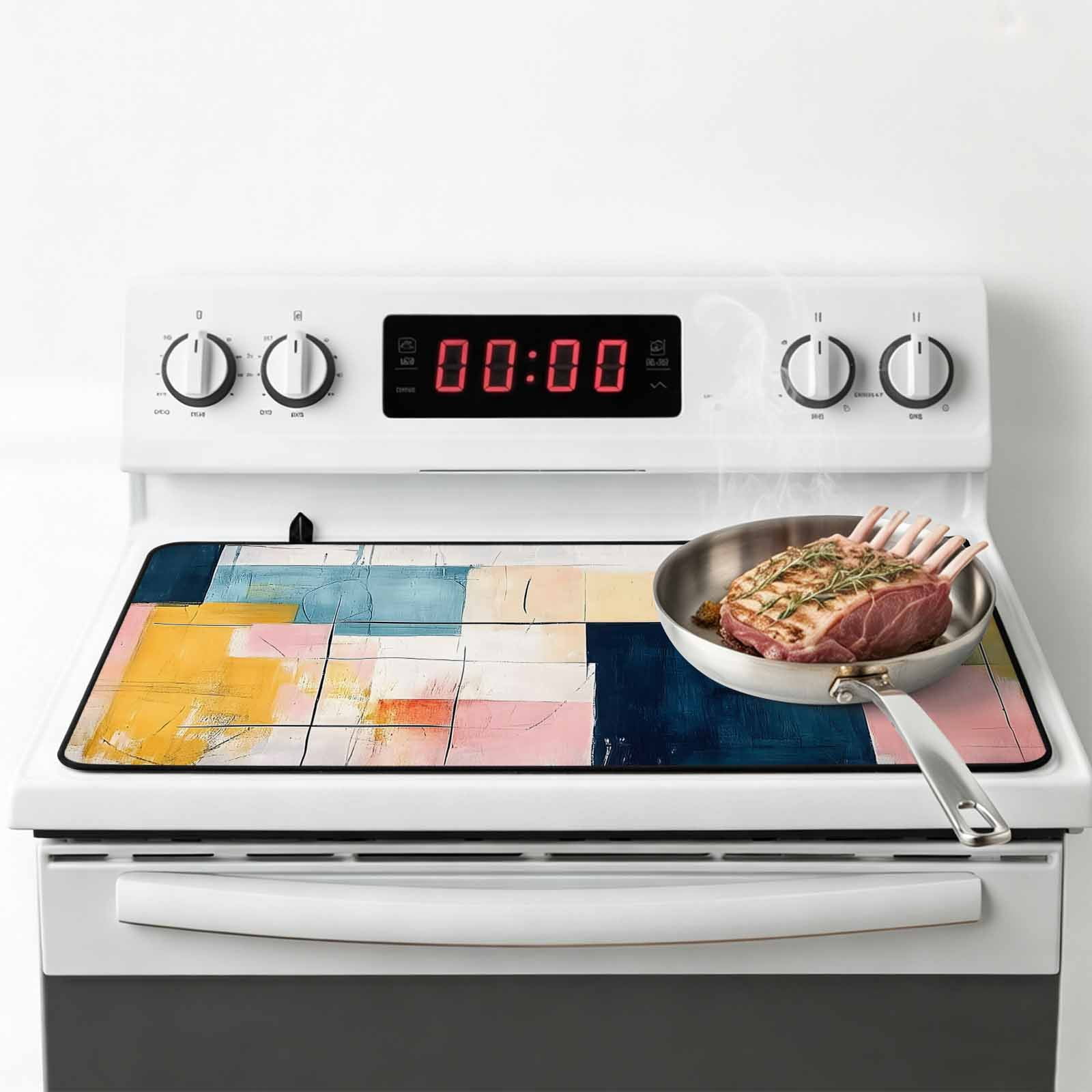 Pink Blue Yellow Stove Top Cover for Electric Stove, Heat-proof & Non Slip Glass Top Stove Cover Protector, Modern Colorful Abstract Ombre Art Kitchen Flat Cooktop Rubber Mat 24x21 Inches