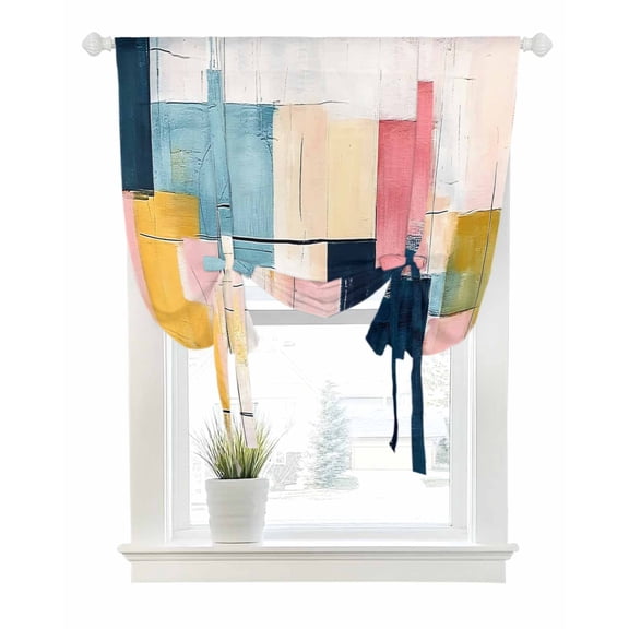 Pink Blue Yellow Tie Up Curtains for Window, Thermal Insulted Balloon Shade Adjustable Rod Pocket Curtains Valance Panels for Kitchen Bathroom Cafe 42 x 63 Modern Colorful Abstract Ombre Art