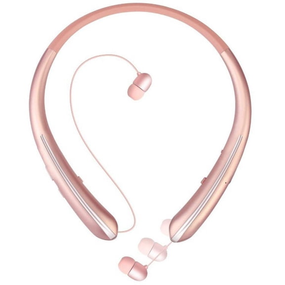 Pink Bluetooth Headphones, AMORNO Foldable Wireless Neckband Headset with Retractable Earbuds, Sports Sweatproof Noise Cancelling Stereo Earphones with Mic