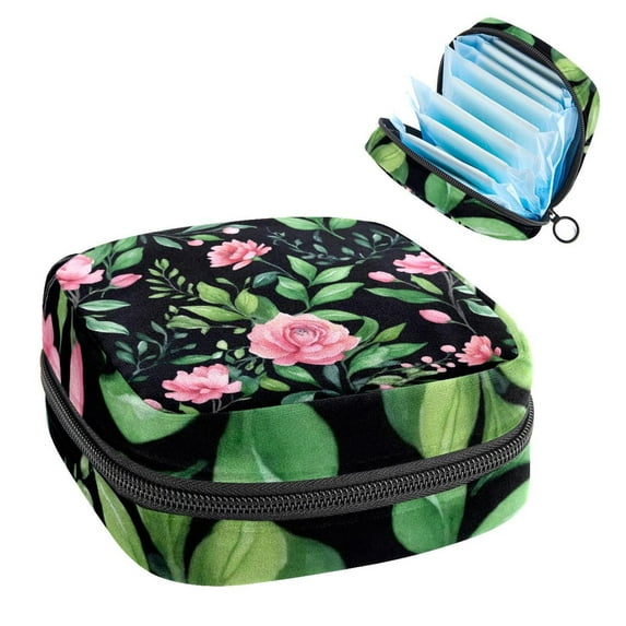 Pink Blush Flowers Green Leaves Branches Sanitary Napkin Storage Bag, Zipper Menstrual Cup Pouch Feminine Menstruation First Period Pads Holder for Girls Women Ladies