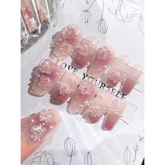 Pink Blush Gradient Press-On False Nails With 3D Flowers & Pearls, Long