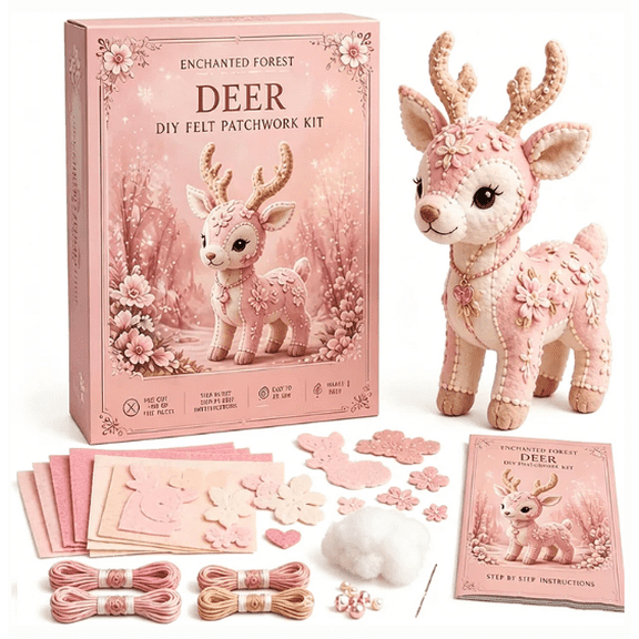 Pink Blush Reindeer Woodland Friends DIY Felt Patchwork Kit , Magic Forest Animals 3D Felt Sewing Kit, Creative Craft for Beginners, Home Decor Handmade Gift Blush Reindeer