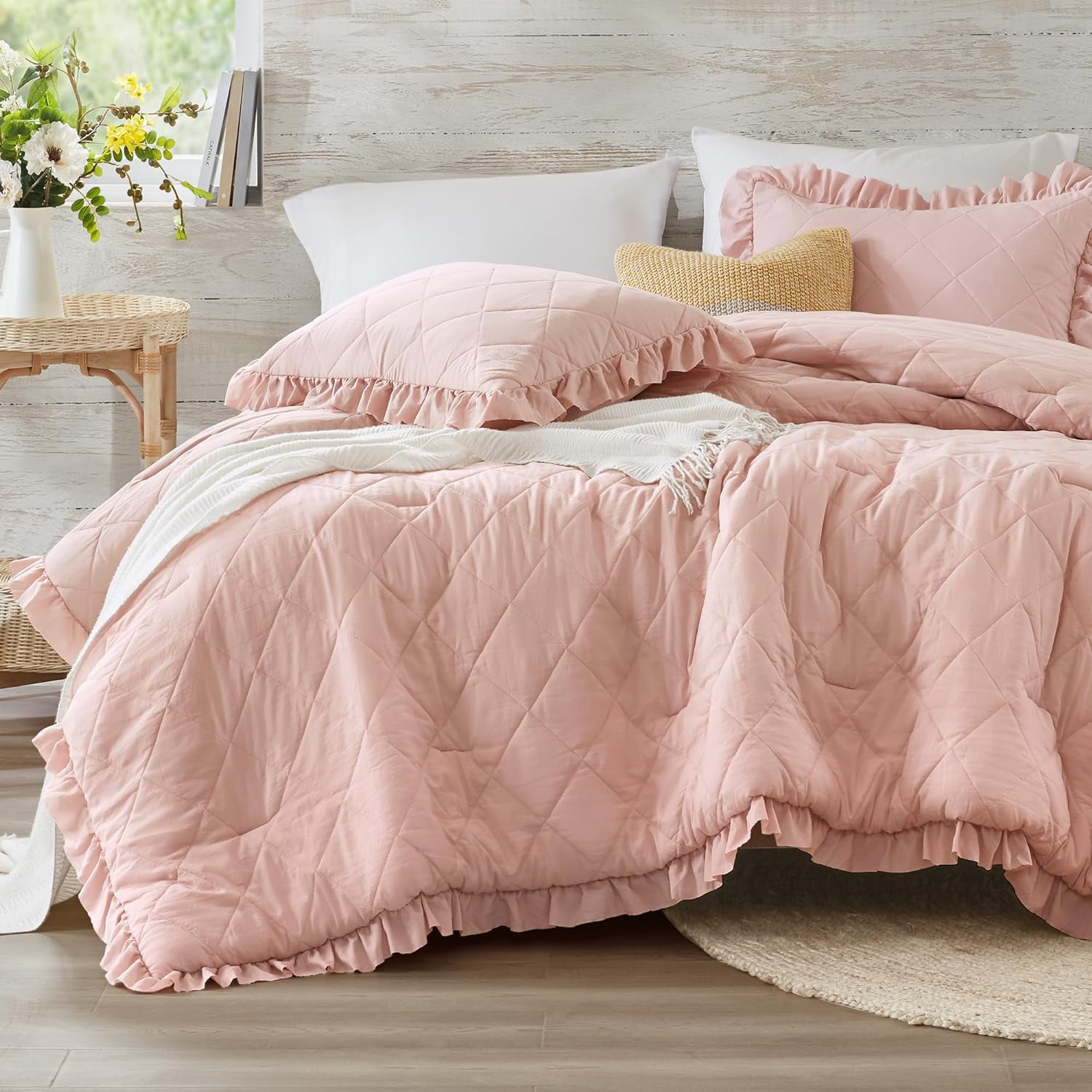 Pink/Blush Ruffle Bedding Set, Shabby Chic Farmhouse Queen Size ...