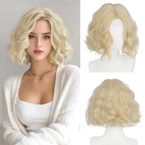 Pink Bob Wig for Women Lace Front Hairline Short Soft Wavy Curly Natural Looking Middle Part Synthetic Hair Wigs for Daily Party, 11 Inch
