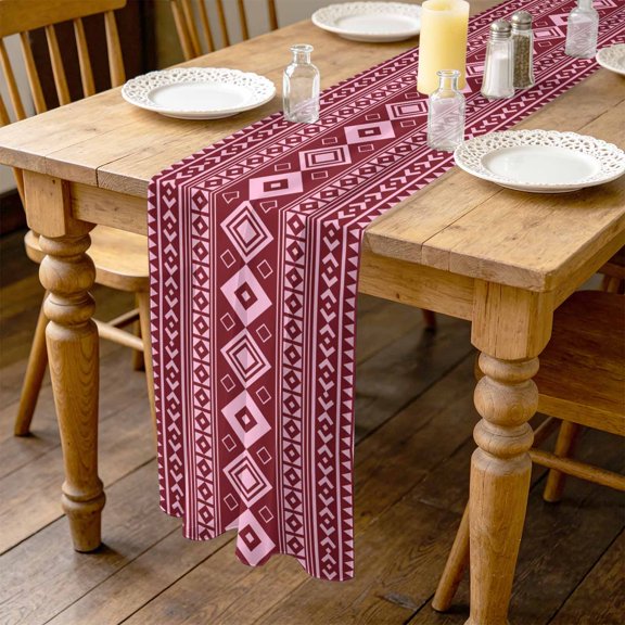 Pink Boho 10ft Cheesecloth Table Runner for Wedding 27"x120", Moroccan Geometric Striped Folk Modern Farm Maroon Kitchen Dinner Sheer Tulle Chiffon Dresser Scarf, Holiday Party Decorations