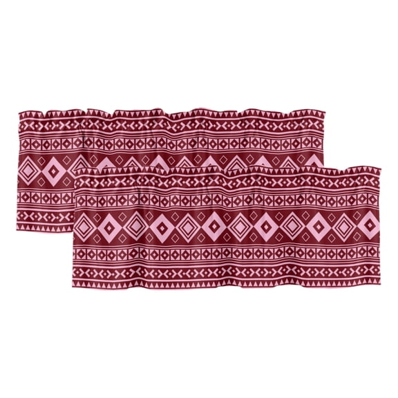 Pink Boho 2 Panels Kitchen Valance, Moroccan Geometric Striped Folk Modern Farm Maroon Curtains Valances for Small Windows Rod Pocket Window Treatments for Living Room Bedroom 42" W x 12" L