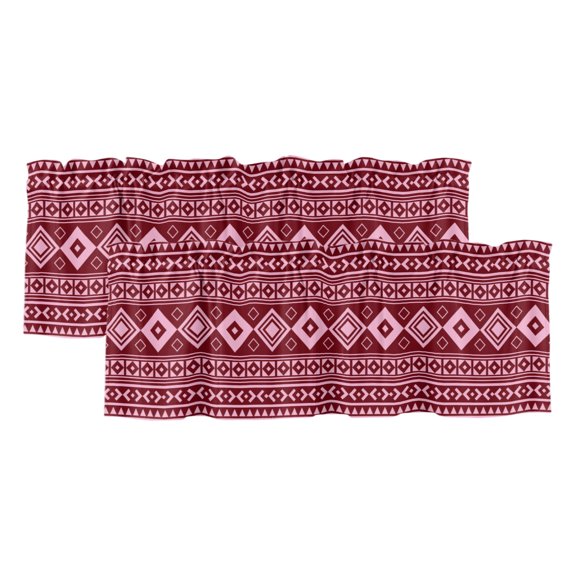 Pink Boho 2 Panels Kitchen Valance, Moroccan Geometric Striped Folk Modern Farm Maroon Curtains Valances for Small Windows Rod Pocket Window Treatments for Living Room Bedroom 54" W x 18" L