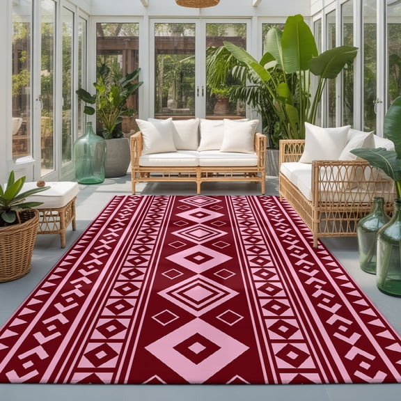Pink Boho 6'x9' Large Area Rugs Moroccan Geometric Striped Folk Modern Farm Maroon Washable Area Rugs Non-Slip Indoor Floor Mats Large Carpet for Living Room Bedroom Dining Room
